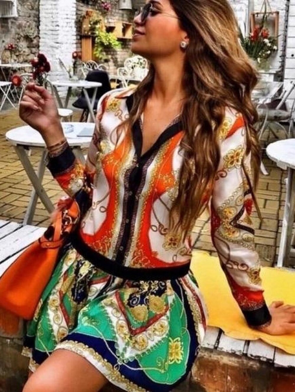 Scarf Print Shirt Dress with pleated skirt
